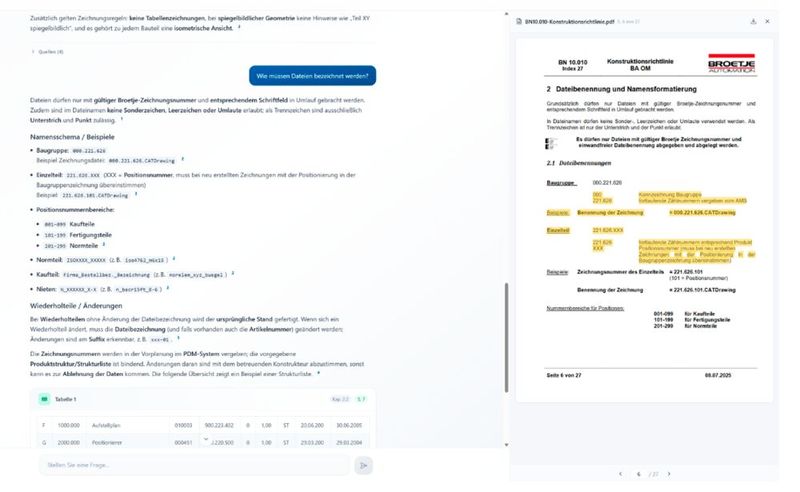 In der Antwort verweist der Konstruktionsassistent zugleich auf das Originaldokument. (Bild: Soneo)
