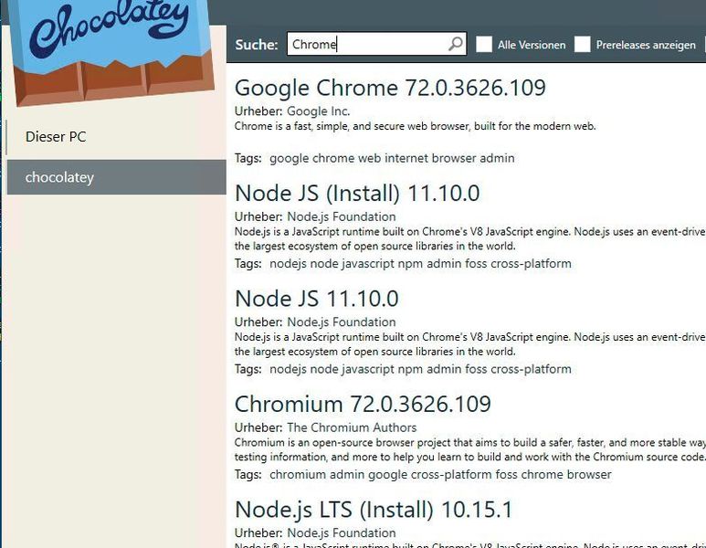 In der GUI sehen Sie auch die verfügbaren Pakete und können nach diesen suchen, um sie zu installieren. (Chocolatey / Joos)