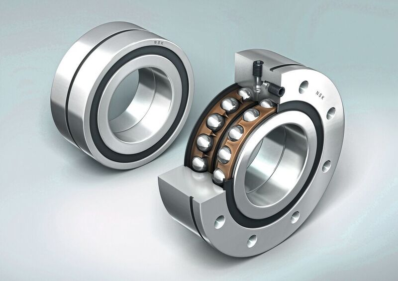 Double-row axial angular contact ball bearings are used as the ball screw support bearings. (NSK)