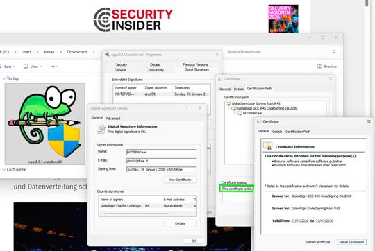 Mit einem Rechtsklick auf eine ausführbare Datei können Sie die digitale Signatur und die Vertrauenskette überprüfen.(Bild:  Martins & Kobylinska)