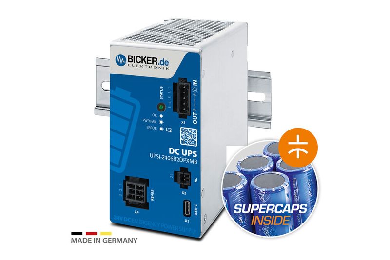 Wartungsfreie 24V DC-USV «Made in Germany»: Die neue Hutschienen-USV Bicker UPSI-2406R2DP2MB mit absolut wartungsfreien Supercaps (EDLC) als Energiespeicher schützt neben Steuerungen und Embedded-IPCs auch sensible Mess-, Regel- und Sicherheitstechnik zuverlässig vor Ausfällen. (Bild: Bicker)