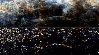 Atomare Wasserstoffemission eines Ausschnitts aus der THOR-Durchmusterung (oben) und zugehörige fadenförmige Strukturen um das Magdalena-Filament (unten). Die Farben stellen die Emission bei drei Radialgeschwindigkeiten dar (J. Soler et al. 2020)