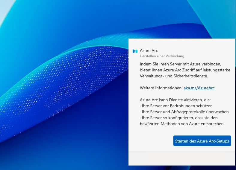 Die Anbindung über Azure Arc an Microsoft Azure lässt sich in Windows Server 2025 direkt mit dem Azure-Arc-Icon aus der Taskleiste starten. (Bild: Joos - Microsoft)