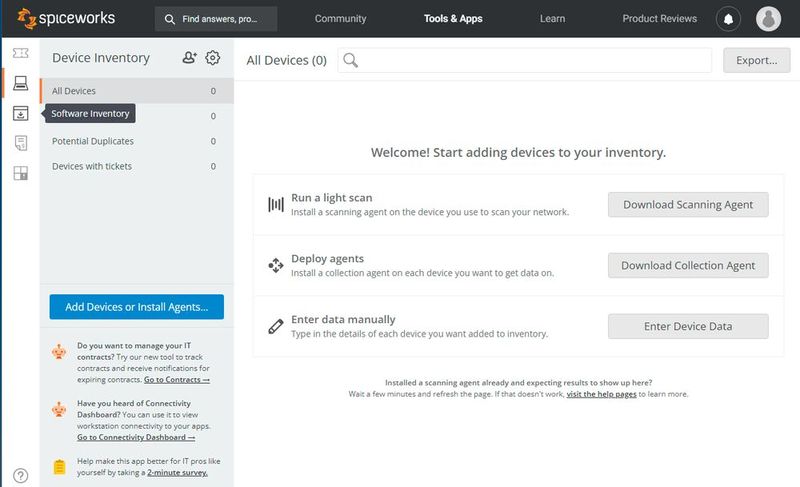 Über die Weboberfläche können Admins die Inventarisierungs-Lösung von Spiceworks steuern. (Bild: Joos - Spiceworks)