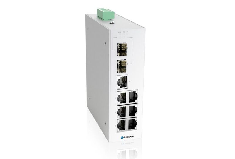 Der K Switch D4MF 7F-2FS aus der K Switch D4MF-Serie ist ein 9-Port managed Ethernet Switch mit 7 10/100 BaseT(X) Ports und 2 100 FX SFP Slots, einem erweiterten Temperaturbereich von -40 bis 75°C sowie einem dualen DC-Leistungseingang. (Bild: Kontron)