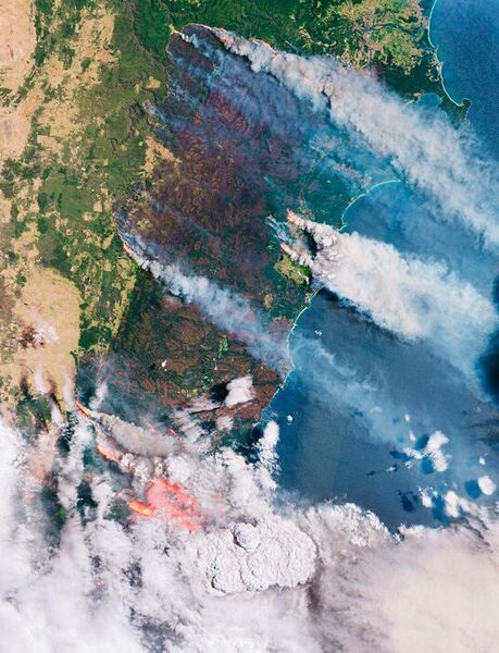 Bushfires on December 31, 2019 burning along the east coast of Australia. The brown area is burned vegetation with a width of about 50 km and a length of 100 km. (European Space Agency (ESA))