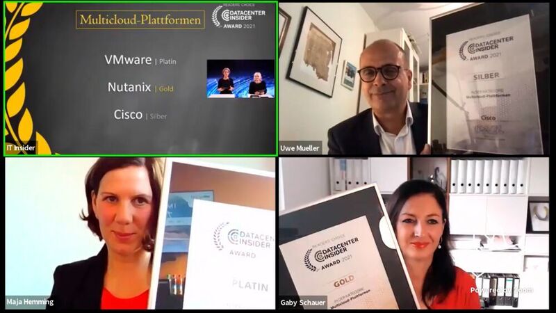 Das Datacenter-Team gratuliert Cisco für Silber, Nutanix für Gold und VMware für Platin in der Kategorie „Multicloud-Plattformen“. Im Bild: Uwe Müller (Cisco), Maja Hemming (VMware) und Gaby Schauer (Nutanix) (Vogel IT-Medien GmbH)