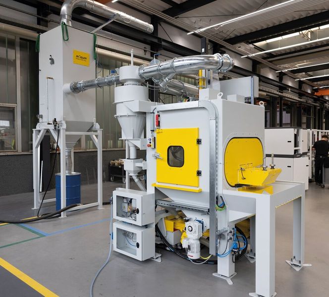 The RWS 1200-I4-SAT2 for fully automatic de-flashing of thermoset components achieves the required results at a cycle time that is 25 percent lower than specified. This results in lower operational costs.  (Source: Rösler Oberflchentechnik)