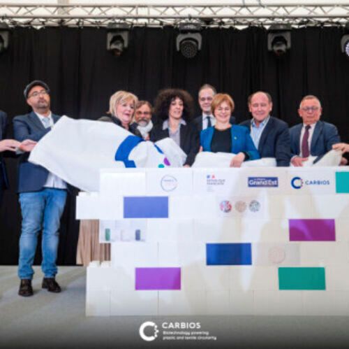 The inaugural moment at the groundbreaking ceremony for Carbios' first biorecycling plant.