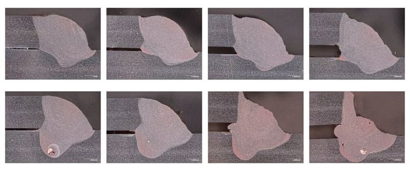 Die Tests von WMG zeigen, dass die Nahtüberbrückung mit oszillierendem Laserstrahl (oben) im Vergleich mit Schweißungen ohne Oszillation sich verbessert hat. (Bild: WMG/University of Warwick)