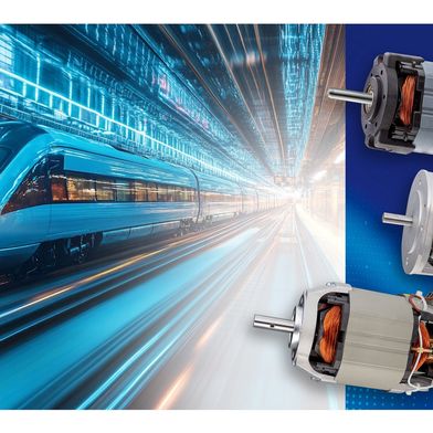 Groschopp bietet ein breites Portfolio an Gleichstrommotoren für die Bahntechnik und passt diese nach Kundenwusch an (Bild: KI-generierter Hintergrund mit Adobe Firefly; Produktabbildungen: Groschopp)