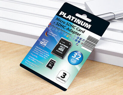 Die Micro-SDHC-Karte von Platinum hat 32 Gigabyte Kapazität und kommt mit SDHC-Adapter. (Bild: Aldi Süd)