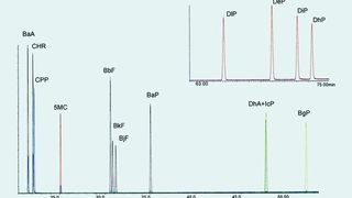 Abb. 1 SCF-PAK-Analyse mittels GC/MS: Standard-Chromatogramm der SCF-PAK (Konzentration etwa 50 ng/mL) auf einer VF-17ms-Säule. (Archiv: Vogel Business Media)