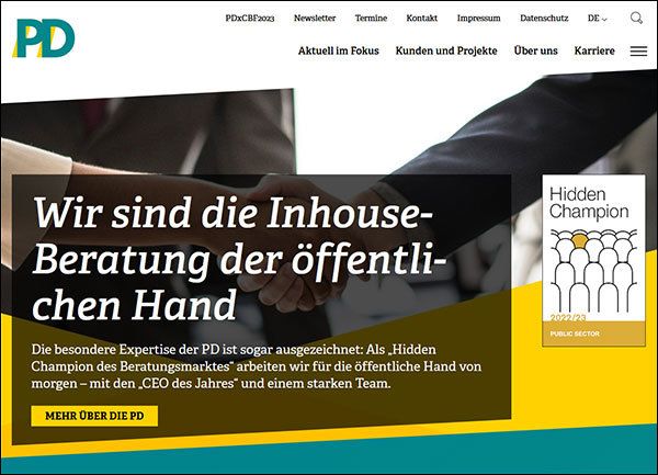 Die PD bietet bundesweit Beratungs- und Managementleistungen zu allen Fragen moderner Verwaltung und Infrastruktur an. Unsere Auftraggeber sind ausschließlich Bund, Länder, Kommunen sowie andere öffentliche Körperschaften und Einrichtungen. Nicht zuletzt ist die PD selbst zu 100 Prozent in öffentlicher Hand und kann daher direkt beauftragt werden. (PD – Berater der öffentlichen Hand GmbH)