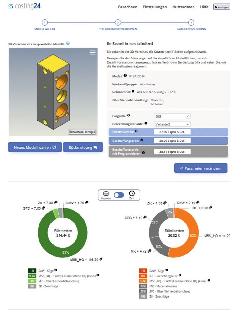 Costing 24 erstellt anhand der Geometrie die Arbeitsfolgen für die Herstellung und berechnet die Herstellkosten nach individuellen Parametern.