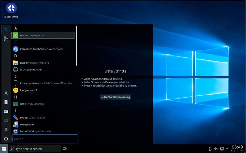 Auch eine Windows 10-Oberfläche steht über Free10 zur Verfügung. Auch hier ist Q4OS die Basis, also Debian. (Bild: Joos - SourceForge - Q4OS)