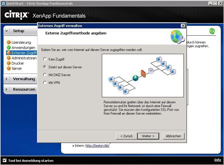 Abbildung 6: Citrix – Mit Netzwerkdiagramm und Assistent kann der Administrator in XenApp Fundamentals den externen Zugriff einrichten. (Archiv: Vogel Business Media)