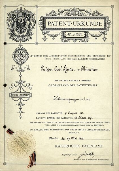 Startschuss der Linde-Story: Patent für eine Kältemaschine von 1877. (Linde)