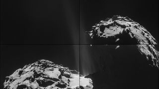 Aufnahme von „Chury“ aus einer Distanz von 26,3 km vom 26. September 2014. Das Bild zeigt einen stark ausgasenden Bereich am „Hals“ des Kometen. (Bild: ESA/Rosetta/NAVCAM)
