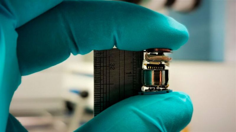 Die Spektroskopie-Kapsel zur elektrochemischen Impedanzmessung beinhaltet das System-in-Package, eine flexible Leiterplatte und eine Keramikplatte.(Bild:  Fraunhofer IZM)