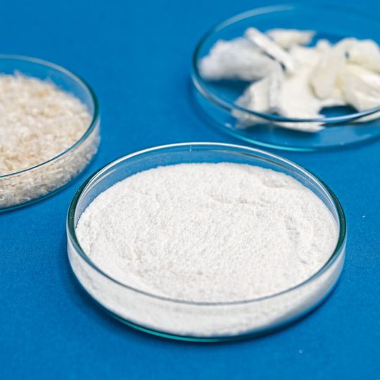 Zur Herstellung von hochreinem Chitosan aus Insektenhäuten wird Chitin abgetrennt, gereinigt und umgesetzt.(Bild:  Fraunhofer IGB)