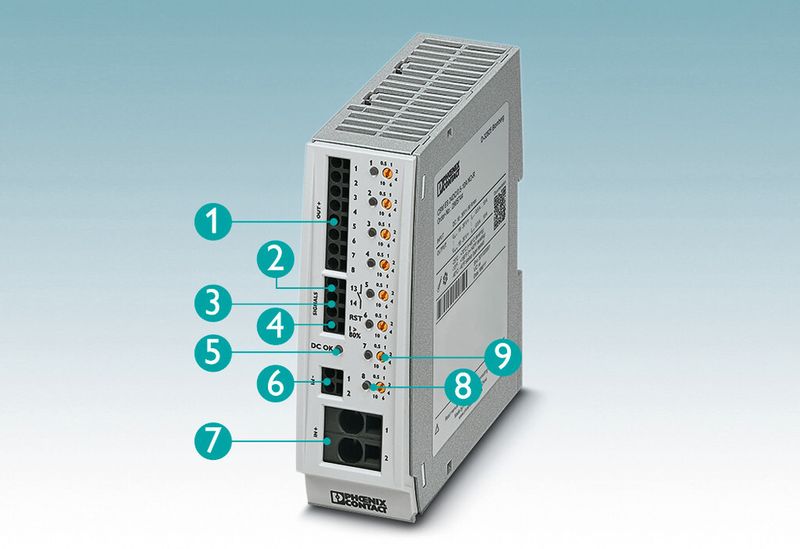 Bild 2: Der elektronische mehrkanalige Geräteschutzschalter CBM von Phoenix Contact ist von der Frontseite aus leicht bedienbar:(1) geschützte Stromkreise, (2) potenzialfrei melden, (3) fernsteuernd einschalten, (4) Vorwarnung I > 80 %, (5) Versorgungsspannung OK, (6) Minusanschluss zur Eigenversorgung,  (7) bis zu 80 A einspeisen, (8) Statusanzeige über den Zustand des Kanals, (9) Stromwahlschalter in Stufen. (Bild: Phoenix Contact)