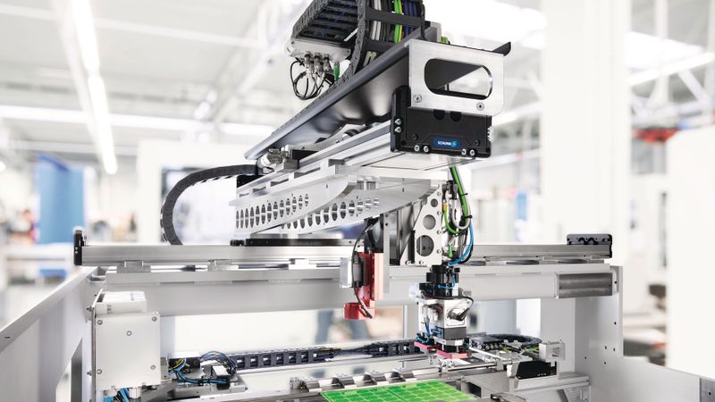 Der elektrische Kleinteilegreifer EGK übernimmt an einer SLD-Lineardirektachse das präzise Teilehandling am Nutzentrenner. Schunk Engineering verbindet Greiftechnik und dynamische Linearbewegung zu einer kompakten Lösung für die Automatisierung.(Bild:  Schunk SE & Co. KG)