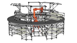 Ein in der Mitte der O-Zelle stehender Industrieroboter versorgt die Werker an ihren um die Zelle herum angeordneten Arbeitsplätzen. (Bild: NeoLog)