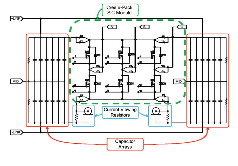 Bild 3: Das ist ein vereinfachtes Schaltbild der Prüfplatine für ein Six-Pack-Modul, bei dem die Gate-Treiber nicht eingezeichnet sind. (Bild: Cree)