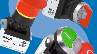 Drucktaster und Doppeldrucktaster, Knebelschalter und Schlüssel-Knebelschalter, Pilztaster, Not-Halt-Taster und Meldeleuchten von Baco. (Bild: Schukat)