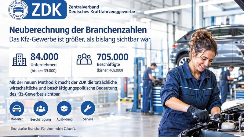 Die Kfz-Branche ist größer als bisher vom ZDK kommuniziert: Hintergrund ist eine an das Statistische Bundesamt angepasste Zählweise.(Bild:  KI-generiert)