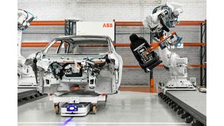 ABB übernimmt Asti Mobile Robotics, um den nächsten Schritt in Richtung neuer, autonom agierender Roboter zu gehen. Hier das Zusammenspiel von ABB- und Asti-Systemen bei der Endmontage im Automobilbau. (Bild: J. Vermeulen)