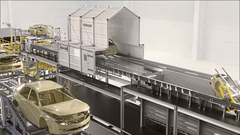 Dürrs Rotationsverfahren Ro Dip M für die Vorbehandlung und kathodische Tauchlackierung.(Bild:  Dürr Systems)