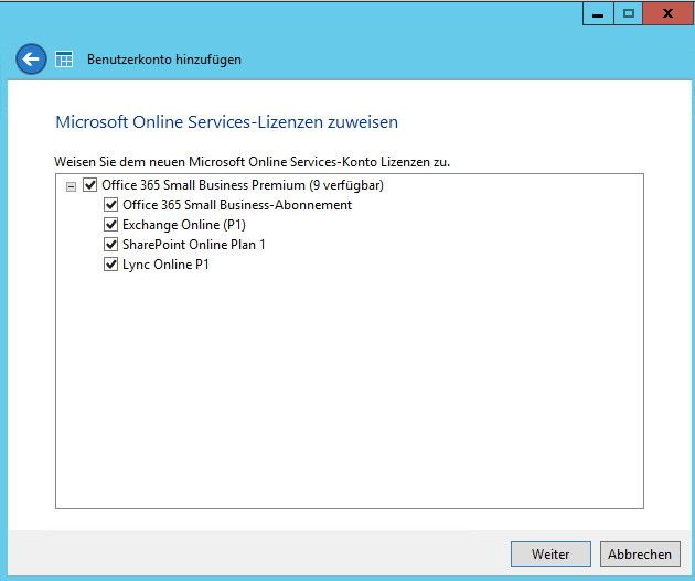 Abbildung 6: Soll das neue Konto an Office 365 angebunden werden, kann auch noch ausgewählt werden, welche Funktionen der Benutzer in Office 365 nutzen darf. Auch diese Anpassung erfolgt komplett im Dashboard. (Bild: Joos)