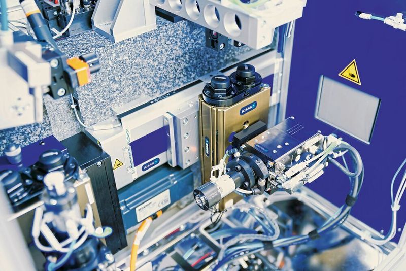 Kompakte elektrische Schunk-ERD-Drehmodule versetzen die Teile zur Reinigung in Rotation. In die Drehmodule ist eine Mediendurchführung integriert, über welche die Greifer angesteuert werden.  (Schunk)