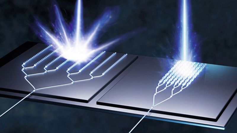 Ein optisches Phased-Array (OPA) wirkt einem starken optischen Übersprechen entgegen. Zu diesem Zweck ist die Antennengeometrie asymmetrisch angeordnet.(Bild:  Amy Pan / MIT)