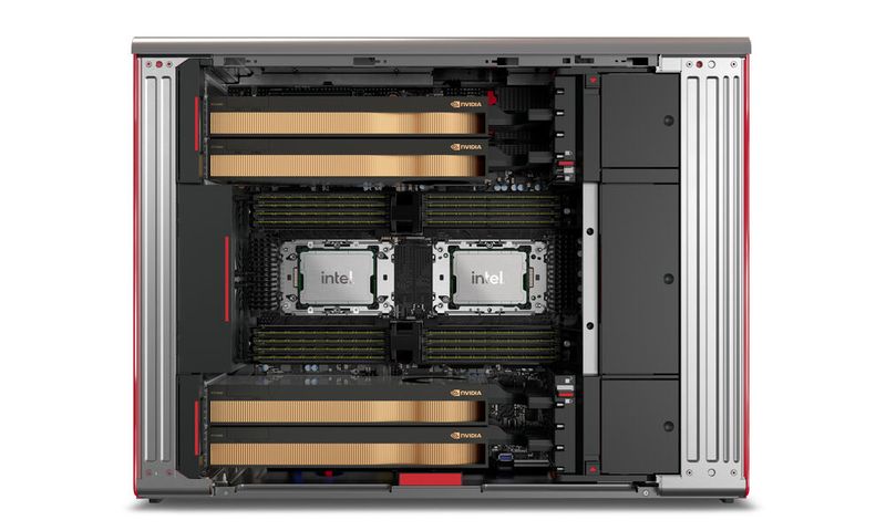 Zwei Xeon-CPUs mit zusammen 120 Cores, bis zu zwei TB DDR5-ECC-SDRAM und vier RTX-6000-Ada-Karten von Nvidia: Die Thinkstation PX im Vollausbau. (Bild: Lenovo)