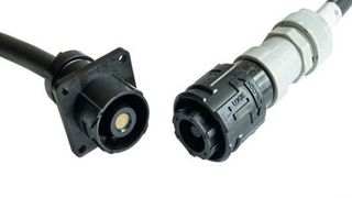 Die Industrie Push-on-Steckverbinder mit Bajonettverschluss sind wasserdicht und hochstromfähig bis max. 200 A. (Hirose)