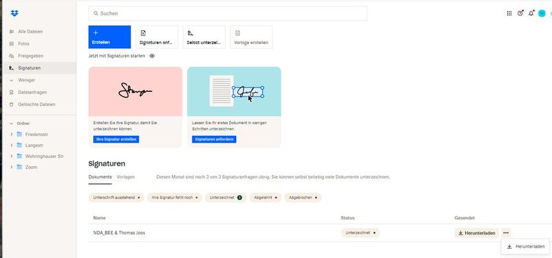 Der Signatur-Hub ermöglicht das Verwalten von Unterschriften für Dokumente aus Dropbox heraus.  (Bild: Joos – Dropbox)