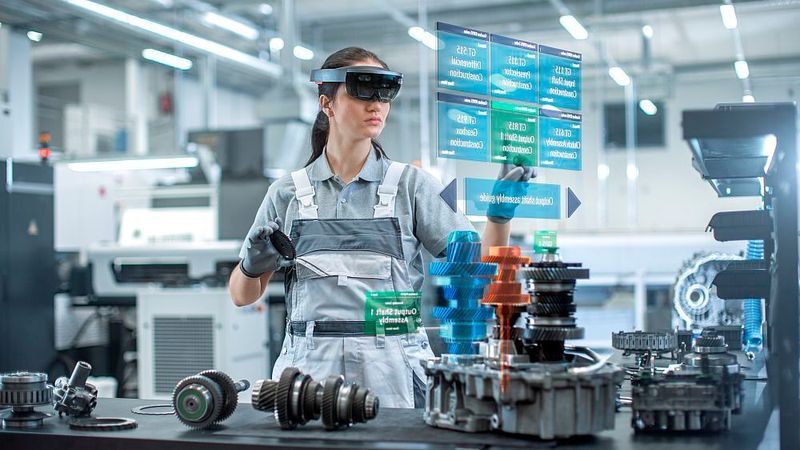 Mit ihrem Head-up-Display „sieht“ die Mitarbeiterin zahlreiche weitere Augmented-Reality-Informationen, die für ihren Arbeitsgang wichtig sind. (© PTC)