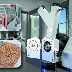 2		Mithilfe der Hochleistungs-Schneidmühle SM 2000 wird der Puppenkörper zunächst auf eine Feinheit von etwa drei bis vier Millimeter vorzerkleinert.