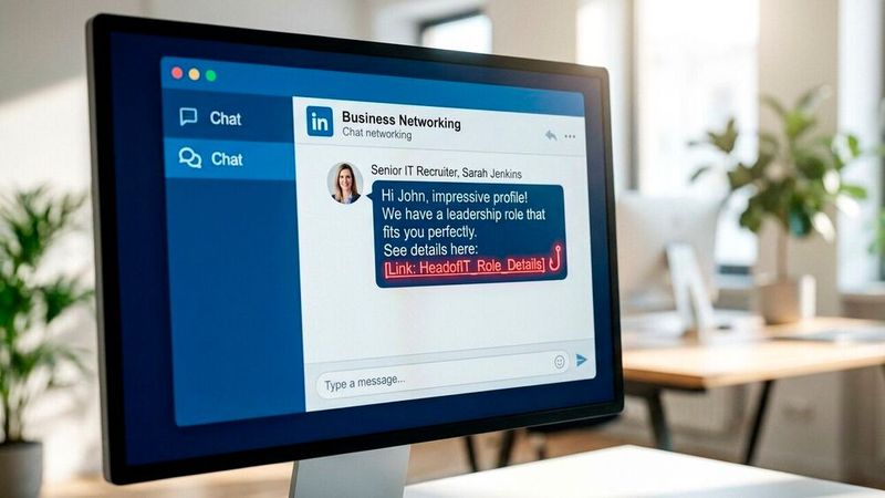 Eine vermeintliche Nachricht von einem „Senior IT Recruiter" wirkt vertrauenswürdig, enthält aber einen ma­ni­pu­lier­ten Link. Genau solche Köder lassen sich mit KI heute in Minuten aus echten LinkedIn-Profilen erzeugen.(Bild:  Gemini / KI-generiert)