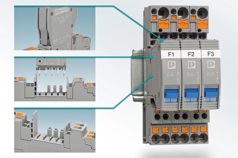 Bild 3: Die 12 mm schmalen Geräteschutzschalter (rechts) bieten Systemvorteile für die schnelle und einfache Installation: Für den sicheren Halt sorgt die neue Steckerverriegelung (links oben) bei den zweiteiligen steckbaren Schutzschaltern (links Mitte), und eine Kodierung zwischen Basiselement und Stecker sorgt für eine fehlerfreie Bestückung (links unten). (Bild: Phoenix Contact)