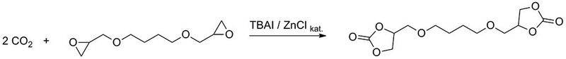 Abb. 3: Umsetzung von 1,4-Butandioldiglycidylether zum entsprechenden Dicarbonat mittels mikrowelleninduziertem Zerfall von Natriumhydrogencarbonat unter Freisetzung von Kohlenstoffdioxid. (Bild: Universität Düsseldorf)