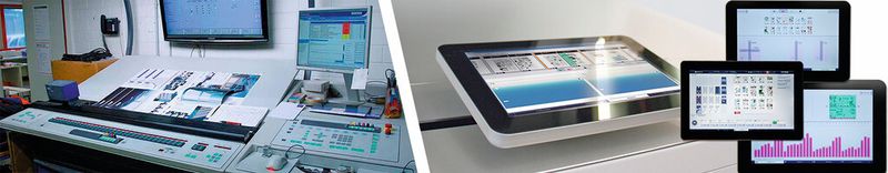 Bedienung gestern (links), Bedienung heute (rechts): Alle Produktionsprozesse der Druckmaschine Colorman e:line werden zentral am Touchscreen überwacht. (Bild: Manroland)