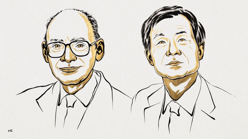 Henri B. Kagan (l.) und Kenso Soai teilen sich den Chemie-Nobelpreis 2026 für ihre Fortschritte im Bereich der Homochiralität von Reaktionen.(Bild:  Ill. Niklas Elmehed © Nobel Prize Outreach)