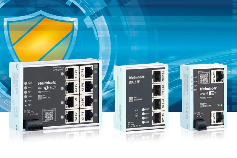Die leicht zu konfigurierenden NAT-Gateways bzw. Maschinenfirewalls der Wall-IE-Serie von Helmholz bieten mit wenig Aufwand maßgeschneiderten Schutz von sensiblen Daten und schützen kritische Systeme vor Cyber-Bedrohungen.(Bild:  Helmholz GmbH & Co. KG)