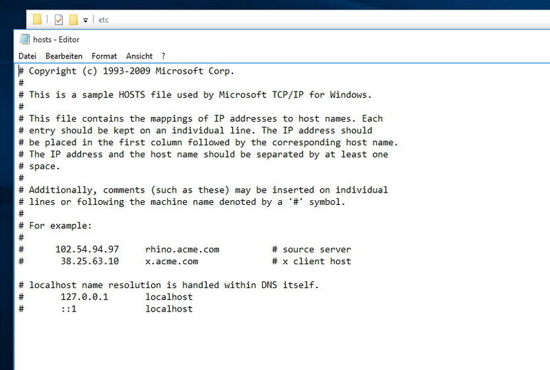 Einige Tools blocken auch den Zugriff der Microsoft-Sammelseiten, indem die URL in der Host-Datei einfach auf die lokale Adresse 127.0.0.1 umgeleitet wird. Ein Tool ist dazu nicht notwendig. Es genügt, die bereits identifizierten Adressen in die Hosts-Datei aus dem Verzeichnis C:\Windows\System\drivers\etc aufzunehmen: http://www.majorgeeks.com/files/details/destroy_windows_10_spying.html (Bild: Thomas Joos)