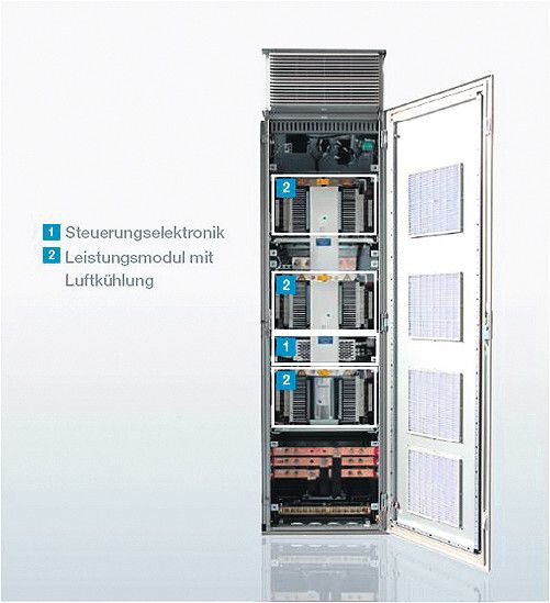 Beispielkonfiguration eines Blue-Line-Umrichters. PCS zeigt auf der Energy speziell Geräte für die aktive Netzkompensation. (Bild: PCS)