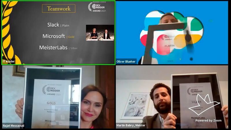 Da mittlerweile nicht mehr nur Entwickler im stillen Kämmerlein an Software-Projekten beteiligt sind, haben wir (erstmals 2020 und nun erneut) die Kategorie Teamwork ausgelobt. Dank „Virtual Backround“ verschmilzt Oliver Blüher von Slack (rechts oben) förmlich mit dem Platin-Award, Gold holt Najat Messaoud ins Haus von Microsoft, Silber geht an Martin Babry von MeisterLabs (unten rechts). (Vogel IT-Medien)